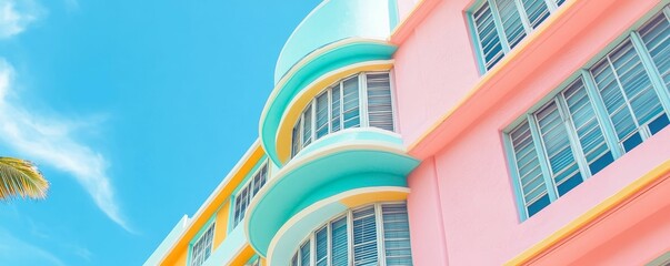 Colorful building with curved windows and blue sky.