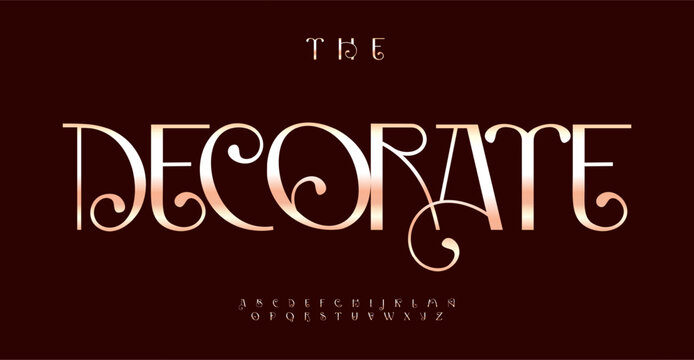 Decorative serif alphabet, luxurious elegant font, artistic logo type, stylish headline typography, refined upscale design. Ornamental font with decorative swirls. Vector typeset