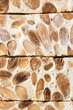 Close-up view of traditional Christmas white nougat turron de Alicante