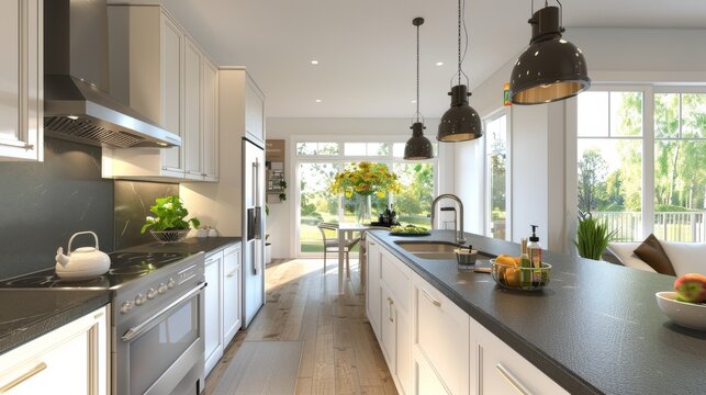 A stylish kitchen featuring white cabinets, soapstone countertops