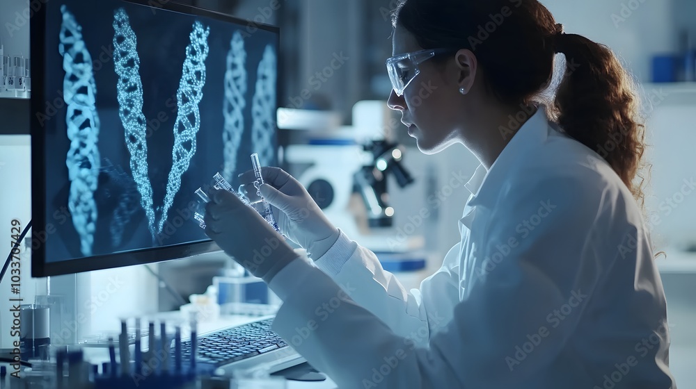 Poster female scientist examining dna structure on computer screen while holding test tubes
