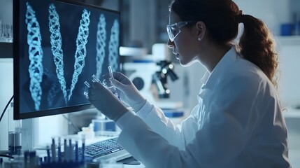 Female Scientist Examining DNA Structure on Computer Screen While Holding Test Tubes