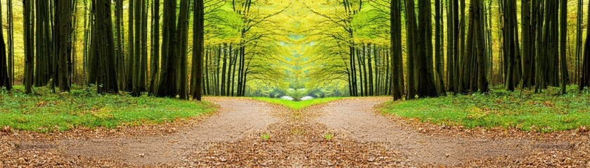 Obraz premium Serene forest pathway with vibrant greenery leading into the distance, creating a tranquil atmosphere in nature.