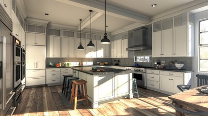 A stylish kitchen featuring white cabinets, soapstone countertops