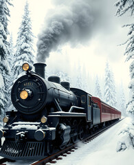 Fototapeta premium Old steam locomotive. Vintage black train moves through snowy forest at North Pole. Magical winter landscape. Retro style. Christmas and New Year theme. Design for banners, cards and posters.