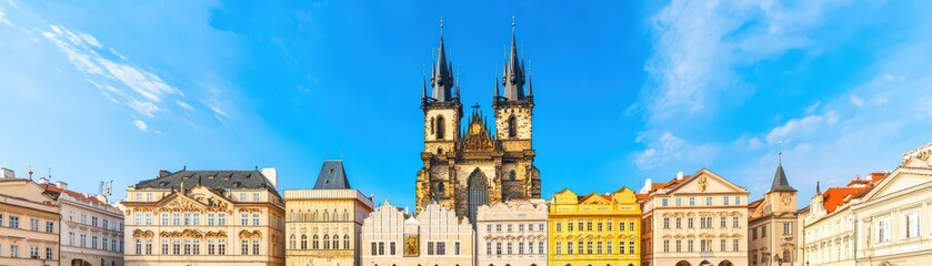 Fototapeta premium Stunning panorama of historic buildings and a church under a clear blue sky.