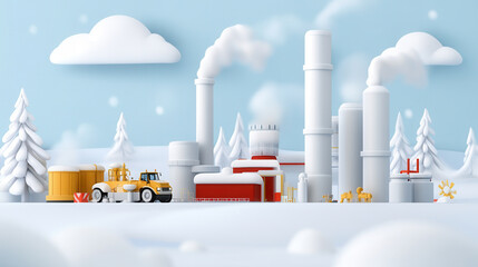 winter scene featuring colorful industrial facility with towering smokestacks, truck, and snow covered trees. atmosphere is serene yet bustling with activity