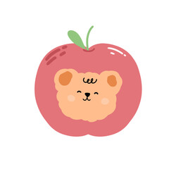Ilustration of a cute bear on apple Korean sticker