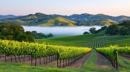 Naklejka premium Vast vineyard landscape with lush green rows and rolling hills under a misty sky during sunrise.