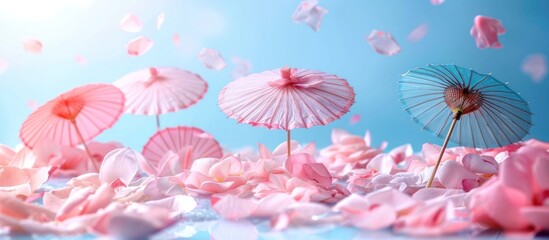 Obraz premium Enchanting scene of pink umbrellas and fallen cherry blossom petals floating gracefully against a soft blue sky background creating a romantic dreamy and serene atmosphere