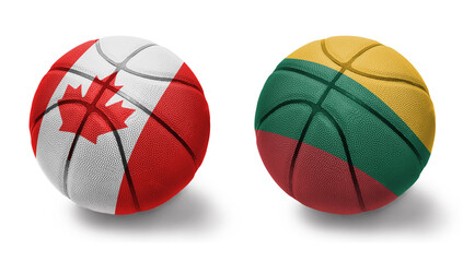basketball balls with the national flags of lithuania and canada on the white background.