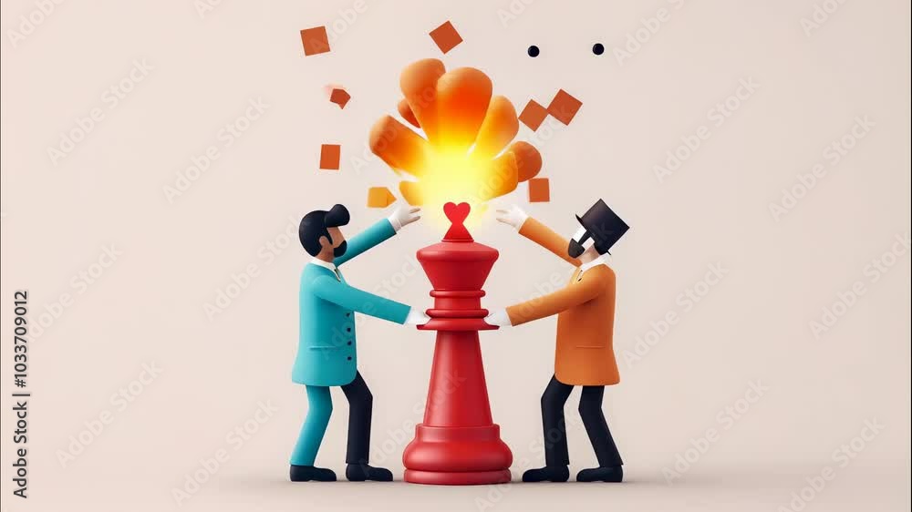 Poster colorful chess strategy playful illustration of teamwork and creativity with stylized characters in 
