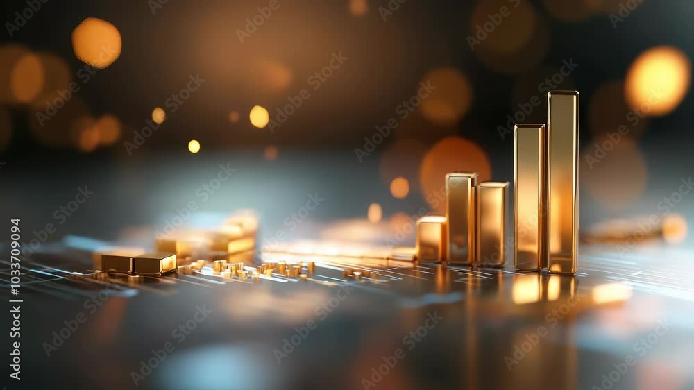 Poster golden bar graphs and data analysis visualizing financial growth and success through statistics and 