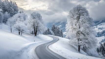 Snowy mountain road, winding up the Alps in Switzerland, foggy and snowing, beautiful scenery, cinematic.