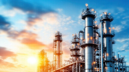 Obraz premium Illuminated oil refinery at sunset, showcasing massive industrial complex with towering structures against vibrant sky. scene evokes sense of energy and innovation