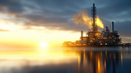 Fototapeta premium stunning oil refinery reflecting on calm water during sunset, showcasing industrial beauty and tranquility. warm hues of sky create serene atmosphere