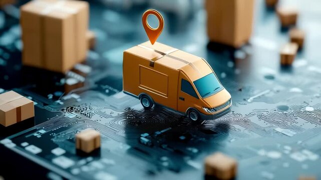 Miniature Delivery Van on Circuit Board Surrounded by Boxes Symbol of Logistics and Technology in Modern Shipping and Transport Systems.