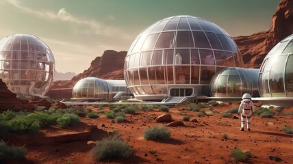 Obraz premium A futuristic space colony on Mars, with transparent domes housing green, thriving ecosystems. The scene is drawn in a vector format with clean lines and soft, gradient backgrounds.