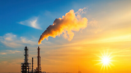 Efficient refinery with steam rising against vibrant sunset sky, showcasing industrial activity and energy production. scene captures essence of modern fuel processing