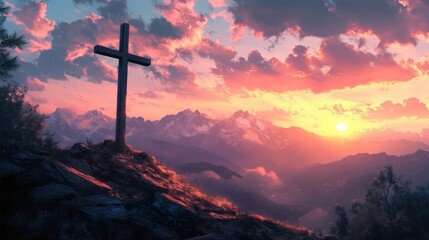 Sunlit Crucifix on Mountain Peak at Sunset