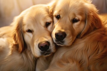 Golden retrievers cuddling animal mammal puppy.