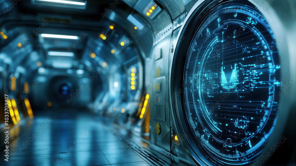 Poster futuristic corridor with sleek design and digital interface, showcasing advanced technology and sci 