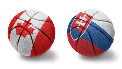 basketball balls with the national flags of slovakia and canada on the white background.