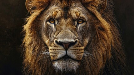 Naklejka premium A breathtaking, hyper-realistic portrait of a lion, its eyes fixed on the camera, exuding confidence and majesty.