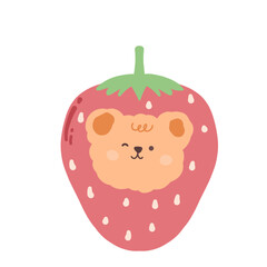 Illustration of a cute bear on Strawberry Fruit sticker Korean