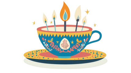 Flat Hanukkah Tea Cup Icon, Jewish Festival Beverage Symbol, PNG File, Isolated on White
