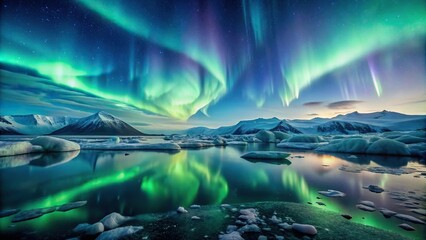 Scientific phenomenon of auroras over arctic glaciers and glaciers on the sea surface