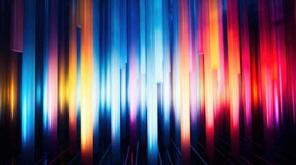 Vertical neon beams in vivid hues of blue, orange, and pink create an electrifying abstract composition reminiscent of a futuristic cityscape.