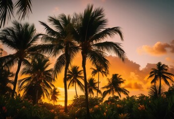 Fototapeta premium lush palm trees vibrant sunset backdrop creating tropical paradise aesthetic, light, sky, cloud, silhouette, nature, evening, landscape, ocean, beach, view