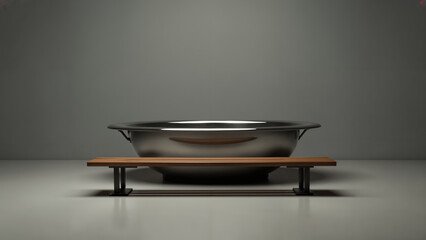 An Elegant Benchmark Set in Front of a Shiny Metal Pan, Crafting a Minimalist Artistic Composition