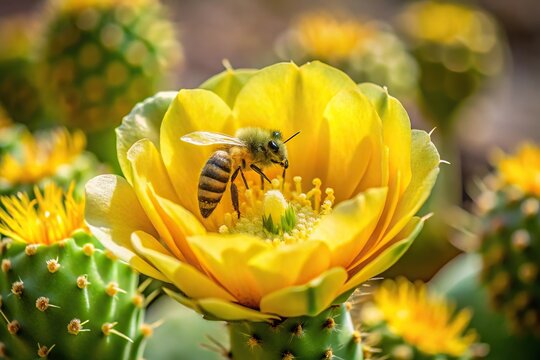 Selective focus on single bee in yellow flower of prickly pear cactus for pollination