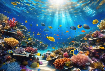 vibrant coral reef teeming colorful distinct majestic marine life clear blue ocean, anemone, algae, angelfish, barracuda, biodiversity, clownfish