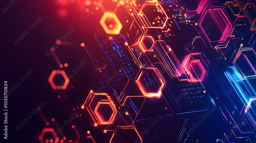 Poster abstract digital pattern with glowing hexagons and lines