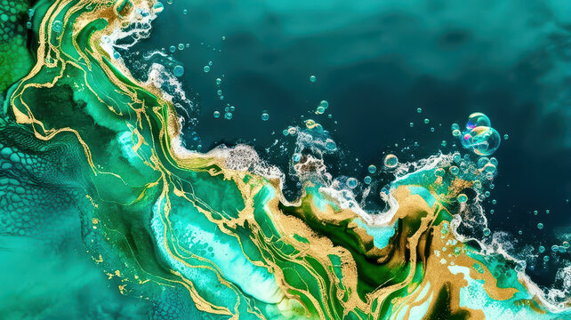 A painting of a green ocean with gold swirls and bubbles