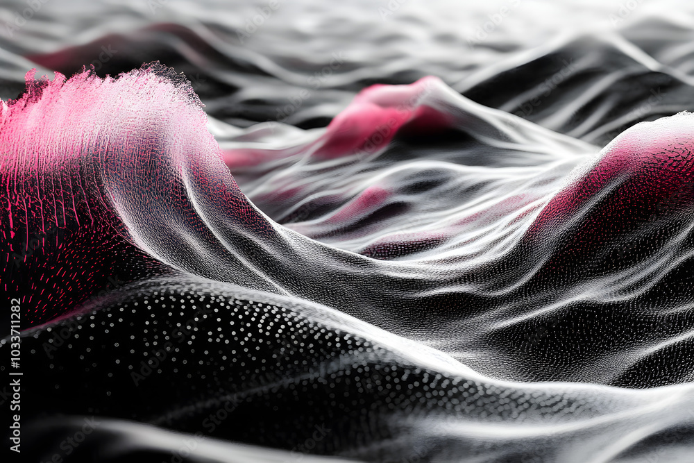 Poster a black and white image of a wave with a red and pink tint. the image has a futuristic and abstract 