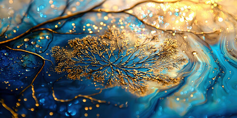 A painting of a tree with gold leaves and blue water