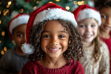Young children wearing festive Santa hats gather joyfully around a decorated Christmas tree during the holiday season