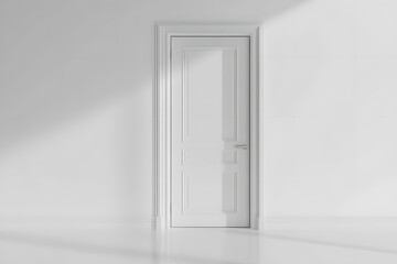 Simple white closed door in a minimalistic empty room.