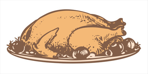 Hand drawn roast turkey in a plate with vegetables. Vector sketch of Christmas dish in engraving style. Baked chicken with vegetables on a plate for thanksgiving party. Linear ink drawing.