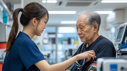 看護師が高齢男性の血圧を測定する様子