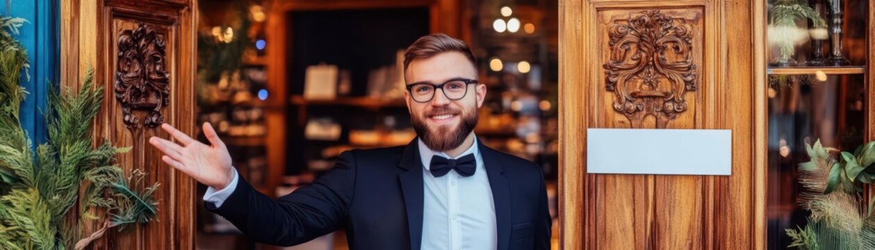 A welcoming man in formal attire stands at an elegant entrance, greeting guests with a friendly smile and open arms.