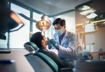 A dentist in a white coat and face mask examines a patient's teeth in a modern dental office.