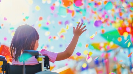 Joyful child in a wheelchair reaching for colorful confetti under a bright sky.