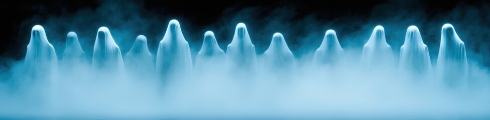 A row of ghostly figures emerges from a misty fog, creating an eerie atmosphere, AI