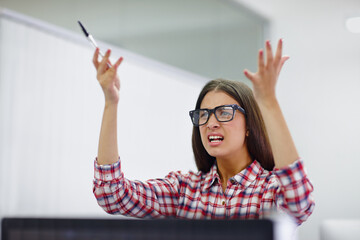 Frustration, upset and woman in office with stress, question or risk of mistake in career. Why,...