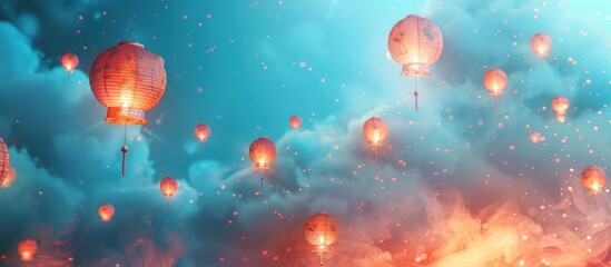 Fototapeta premium Glowing lanterns floating in the enchanting nighttime sky creating a serene and mystical atmosphere Vibrant colors soft lighting and a dreamlike evoke a sense of wonder and tranquility